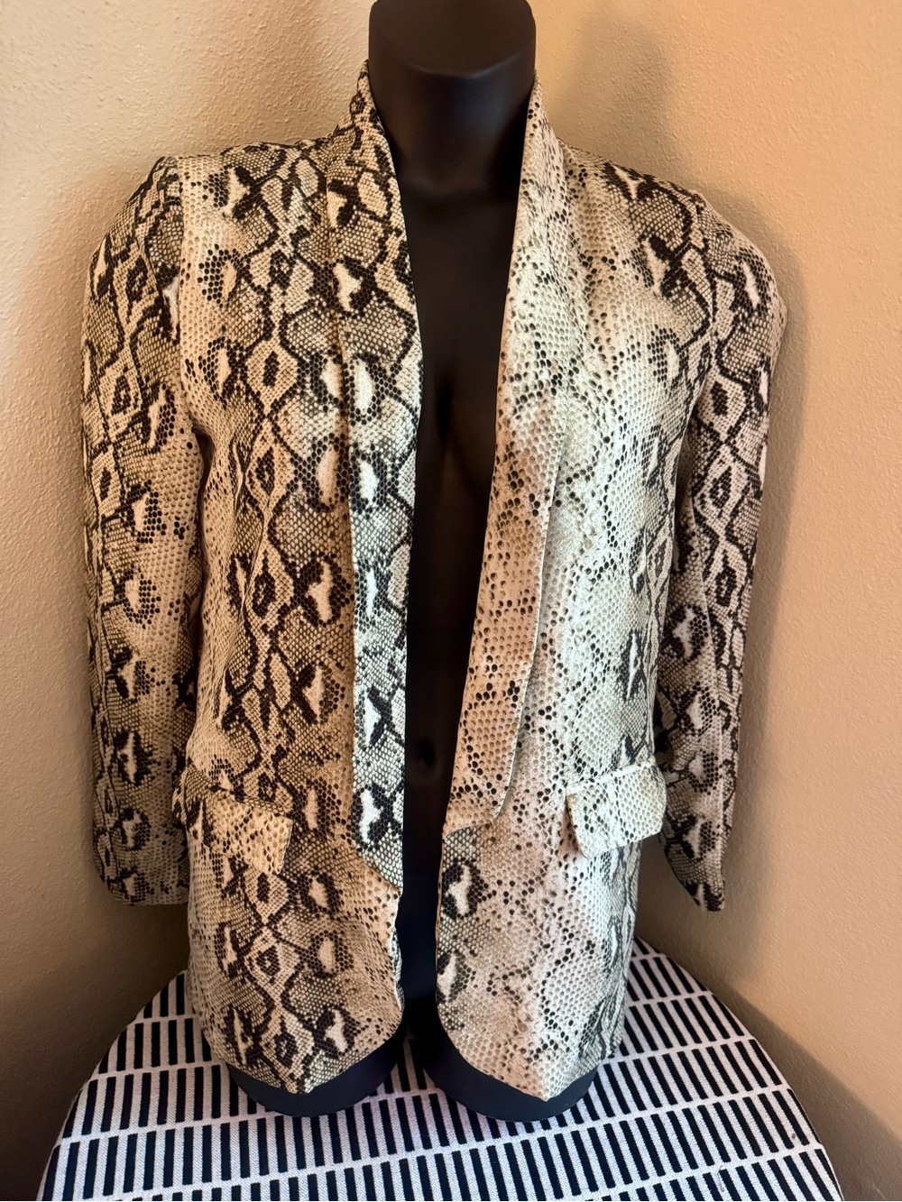 Nasty Gal Snake-Print Open Front Blazer in Black and Cream